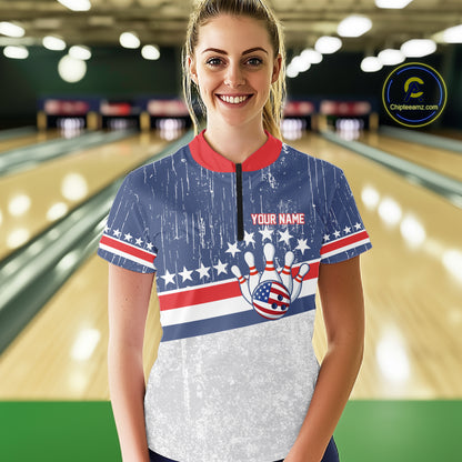 Red, White and Blue Grunge American Flag Bowling Shirt For Women Custom Patriotic Team Bowling jersey NQS11345