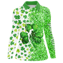 Load image into Gallery viewer, Green glitter shamrock clover Womens Golf Polo Shirts custom St Patrick day golf shirt for ladies NQS9462