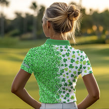 Load image into Gallery viewer, Green glitter shamrock clover Womens Golf Polo Shirts custom St Patrick day golf shirt for ladies NQS9462