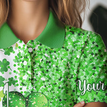 Load image into Gallery viewer, Green glitter shamrock clover Womens Golf Polo Shirts custom St Patrick day golf shirt for ladies NQS9462