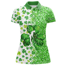 Load image into Gallery viewer, Green glitter shamrock clover Womens Golf Polo Shirts custom St Patrick day golf shirt for ladies NQS9462