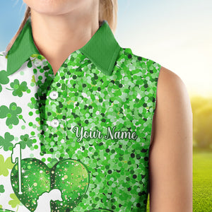 Green glitter shamrock clover Womens Sleeveless Polo Shirt custom St Patrick day golf shirt for ladies NQS9462