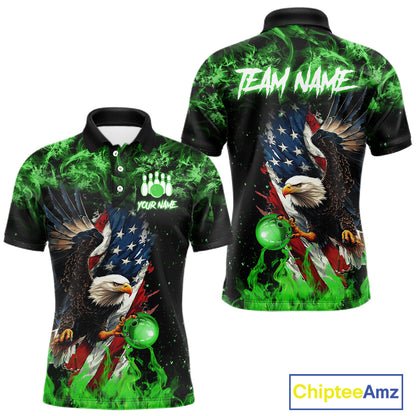 Green Flame American Flag Eagle bowling shirts for Men Custom Bowling Team Jersey, gift for Bowler NQS11555