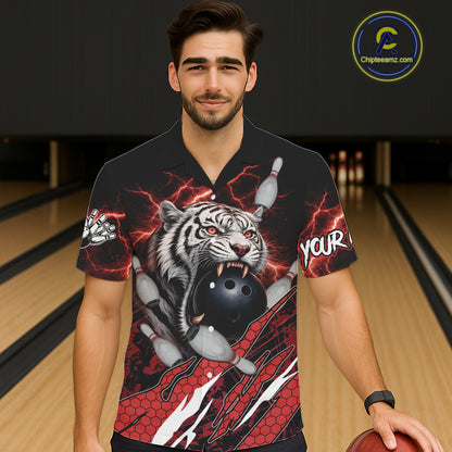 Black and Red Lightning Thunder Tiger Bowling Hawaiian Jersey, Bowling Team button-up shirts NQS11571