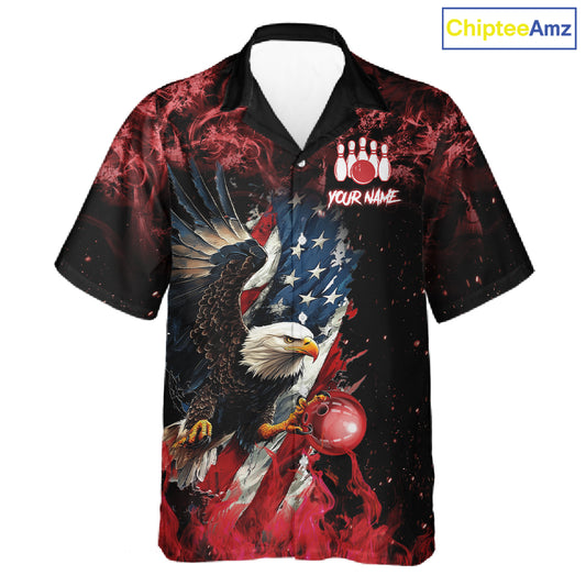 Red Flame American Flag Eagle Bowling Hawaiian shirt Custom Bowling Team button-up shirts NQS11556