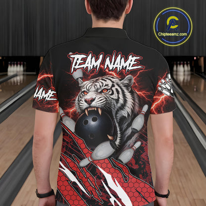 Black and Red Lightning Thunder Tiger Bowling Polo, 1/4 Zip Jersey for Men, Tiger Bowling Team shirts NQS11571