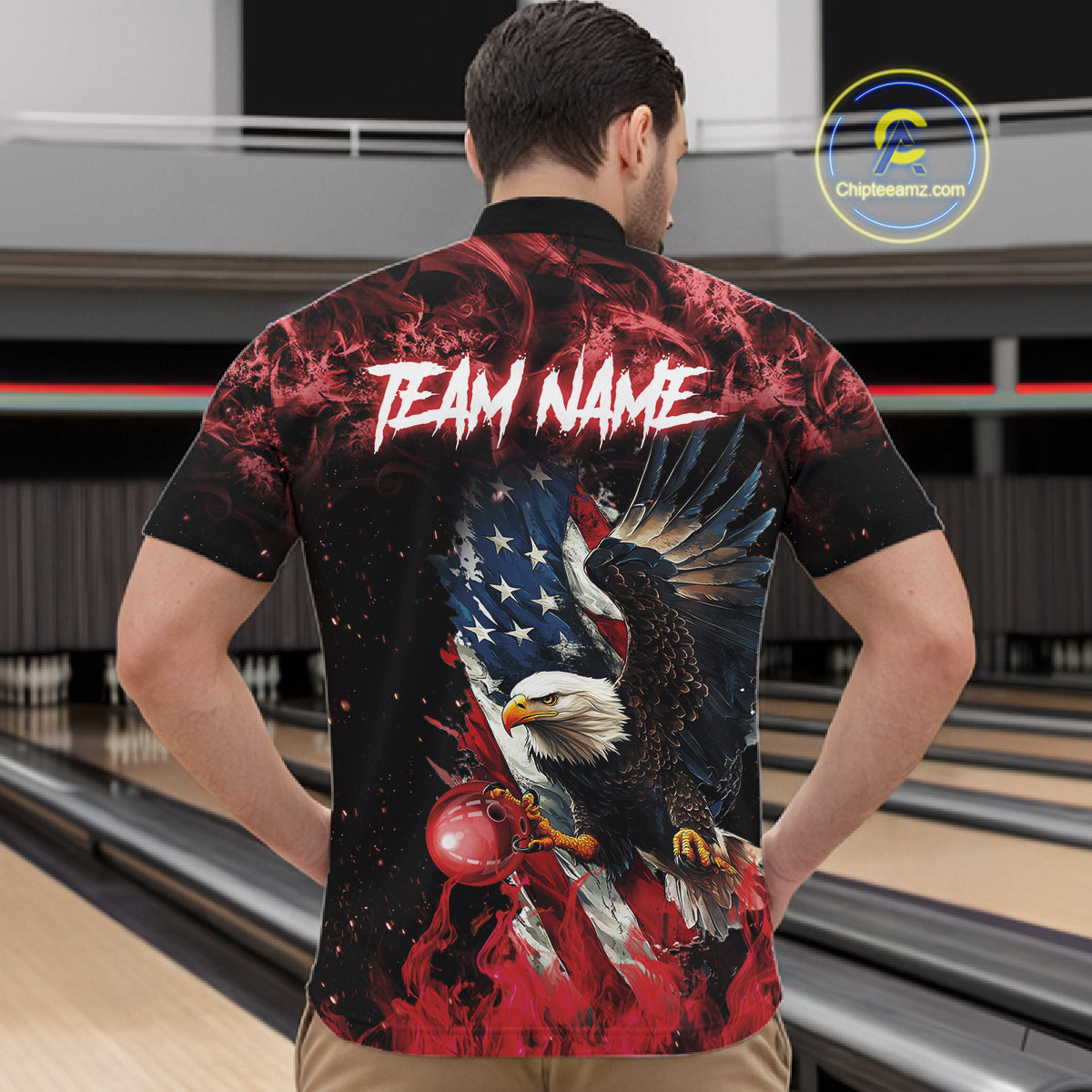 Red Flame American Flag Eagle bowling shirts for Men Custom Bowling Team Jersey, gift for Bowler NQS11556