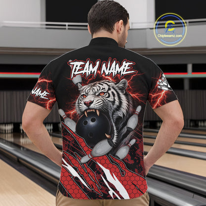 Black and Red Lightning Thunder Tiger Bowling Polo, 1/4 Zip Jersey for Men, Tiger Bowling Team shirts NQS11571