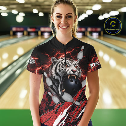 Black and Red Lightning Thunder Tiger Bowling Polo, 1/4 Zip Jersey for Women, Bowling Team shirts NQS11571