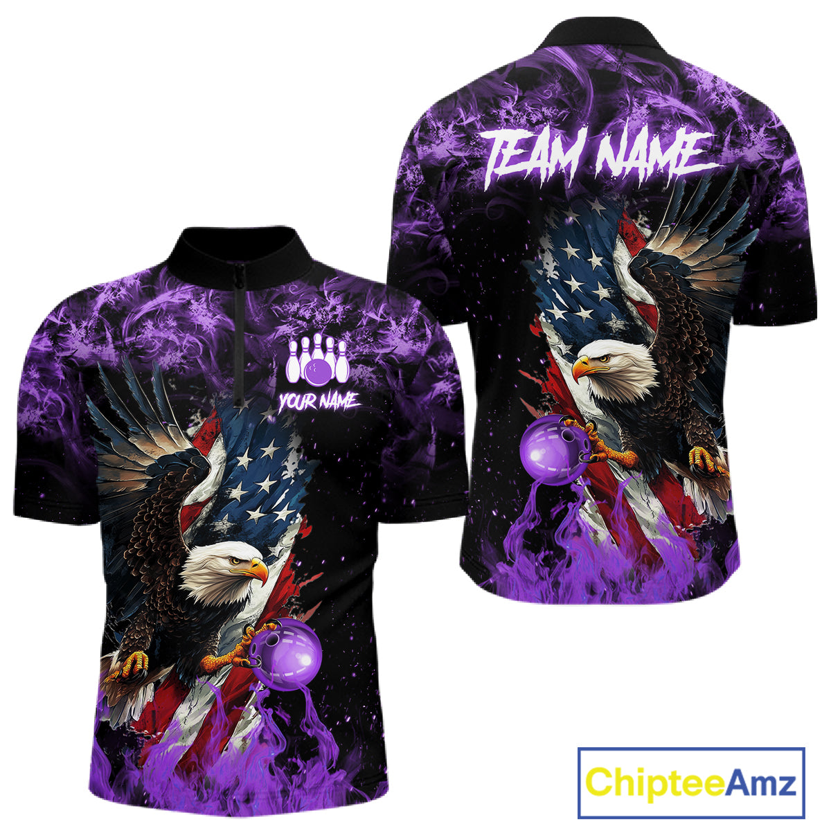 Purple Flame American Flag Eagle bowling shirts for Men Custom Bowling Team Jersey, gift for Bowler NQS11557