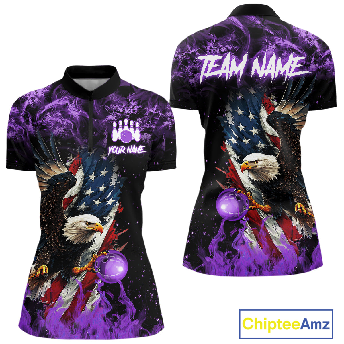 Purple Flame American Flag Eagle bowling shirts for Women Custom Bowling Team Jersey, gift for Bowler NQS11557