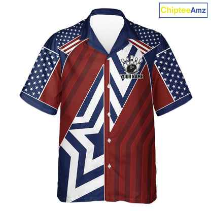 Red, White and Blue American Flag Flame Bowling Hawaiian shirt Custom patriotic Team Bowling Jersey NQS11558
