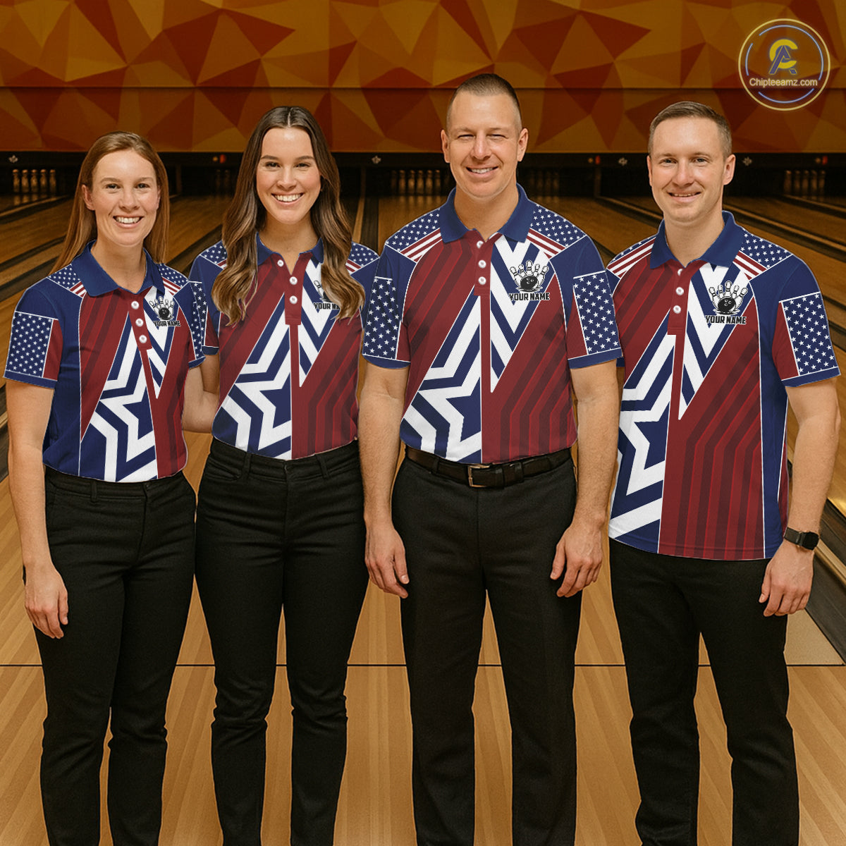 Red, White and Blue American Flag Flame Bowling shirts for Men Custom patriotic Team Bowling Jerseys NQS11558