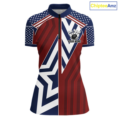 Red, White and Blue American Flag Flame Bowling shirts for Women Custom patriotic Team Bowling Jersey NQS11558