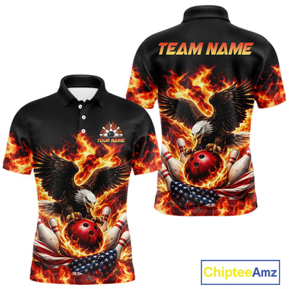 Custom Flame American Flag Eagle Bowling Shirts, Patriotic Eagle Bowling Team Jerseys For Men NQS11560