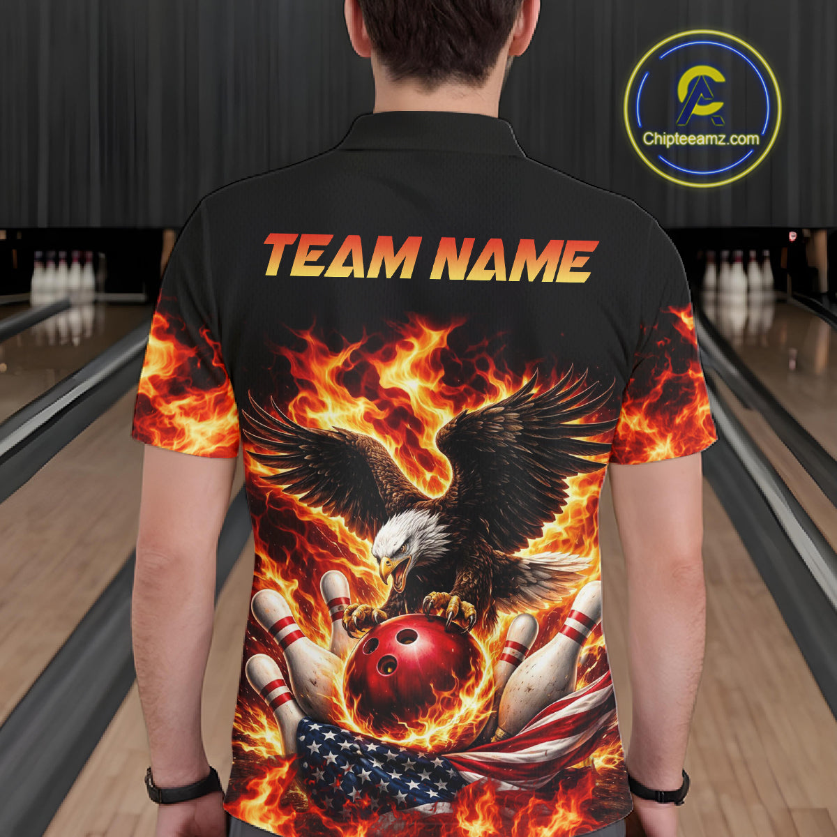 Custom Flame American Flag Eagle Bowling Shirts, Patriotic Eagle Bowling Team Jerseys For Men NQS11560