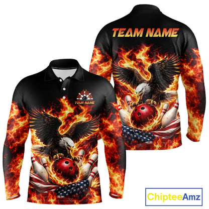 Custom Flame American Flag Eagle Bowling Shirts, Patriotic Eagle Bowling Team Jerseys For Men NQS11560