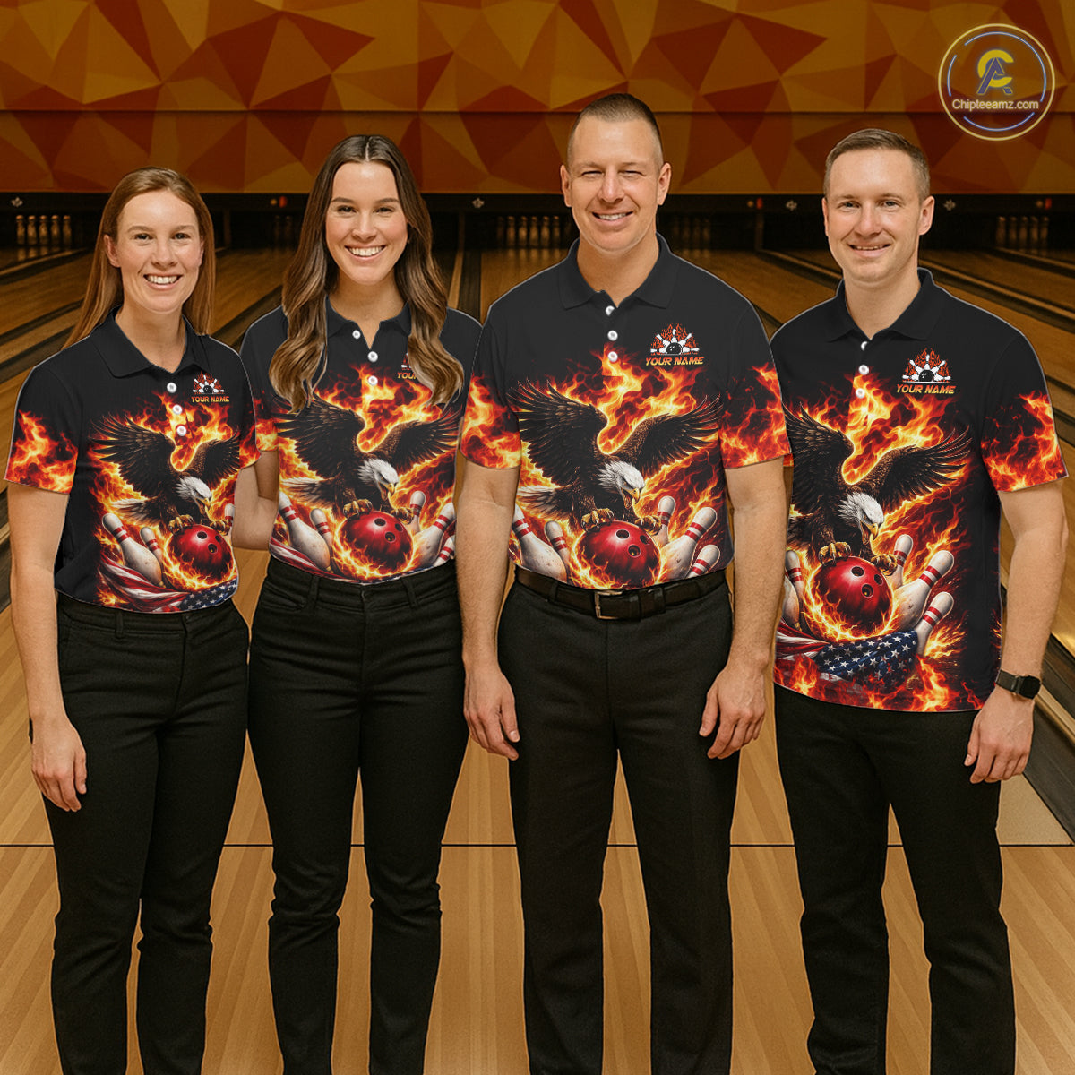 Custom Flame American Flag Eagle Bowling Shirts, Patriotic Eagle Bowling Team Jerseys For Men NQS11560