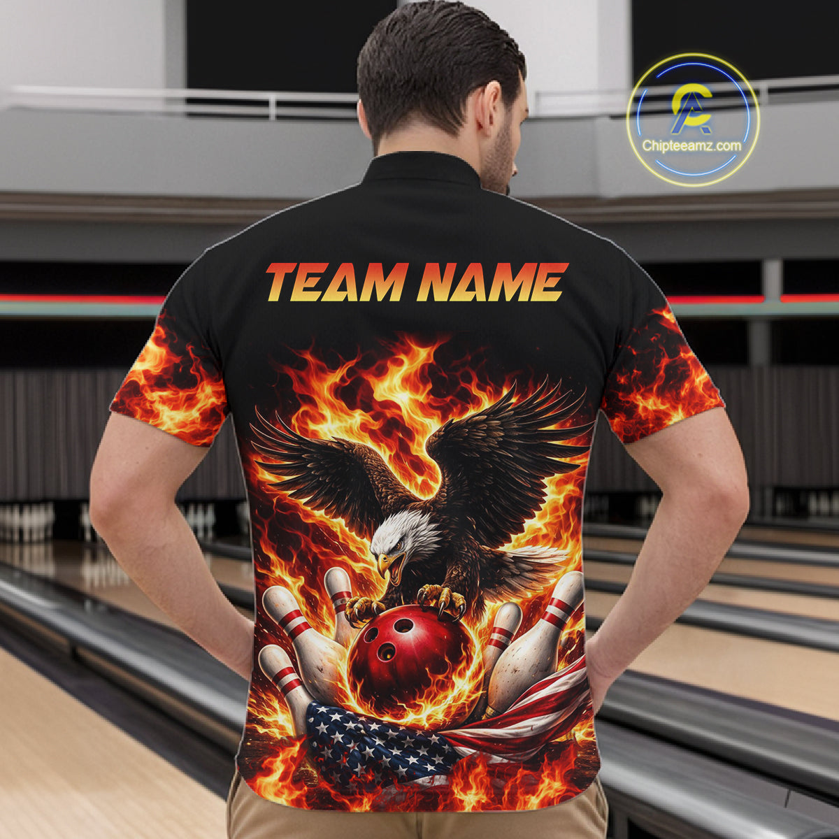 Custom Flame American Flag Eagle Bowling Shirts, Patriotic Eagle Bowling Team Jerseys For Men NQS11560