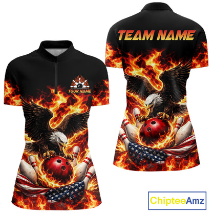 Custom Flame American Flag Eagle Bowling Shirts, Patriotic Eagle Bowling Team Jerseys For Women NQS11560