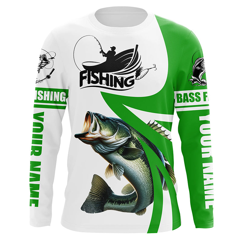 Largemouth bass fishing Custom Name sun protection long sleeve fishing shirts for men, women | Green NQS4816