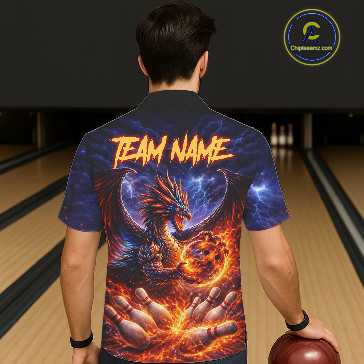 Orange and Purple Lightning Thunder Dragon Bowling Button-up Shirt Custom Dragon Team Bowling Jersey NQS11680