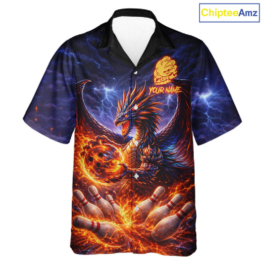 Orange and Purple Lightning Thunder Dragon Bowling Button-up Shirt Custom Dragon Team Bowling Jersey NQS11680