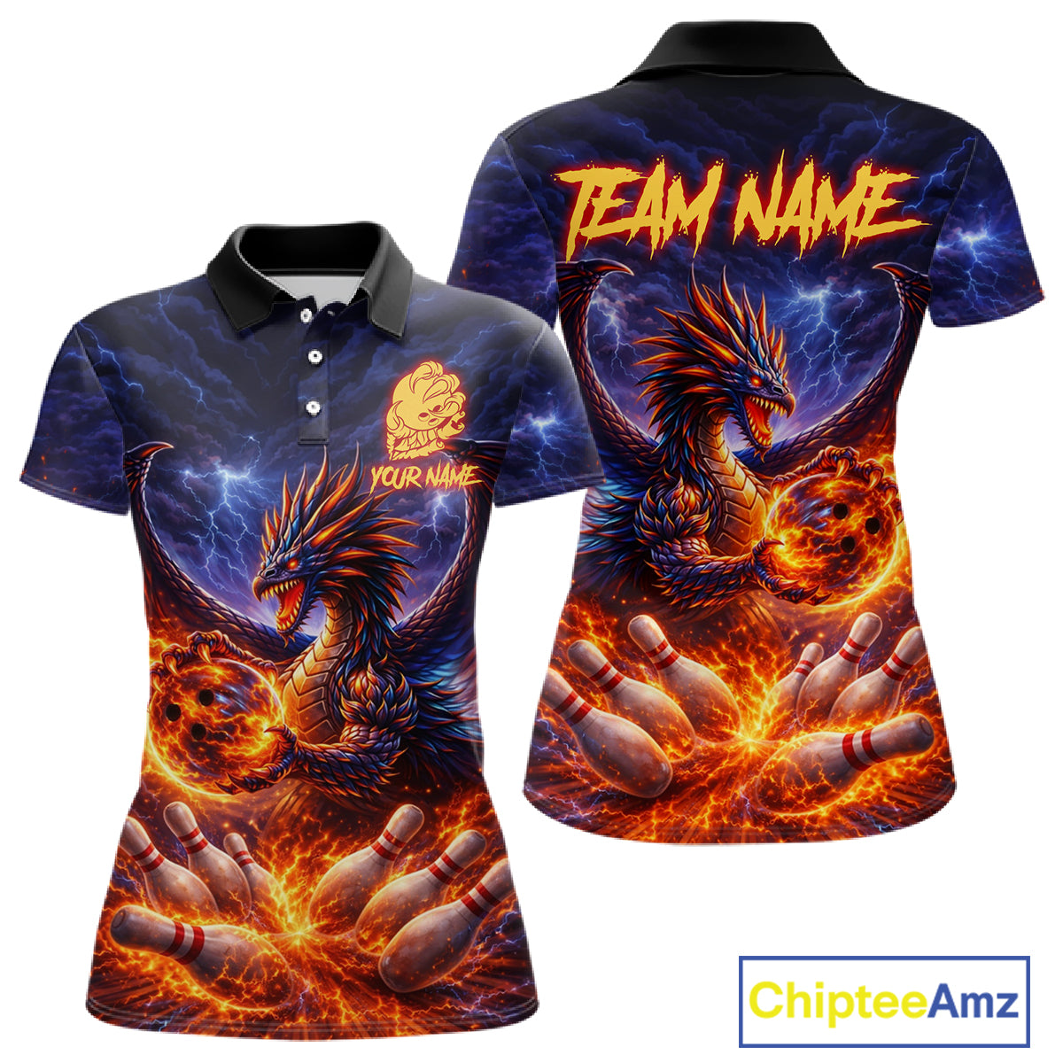 Orange and Purple Lightning Thunder Dragon Bowling Shirts for Women Custom Dragon Team Bowling Jersey NQS11680