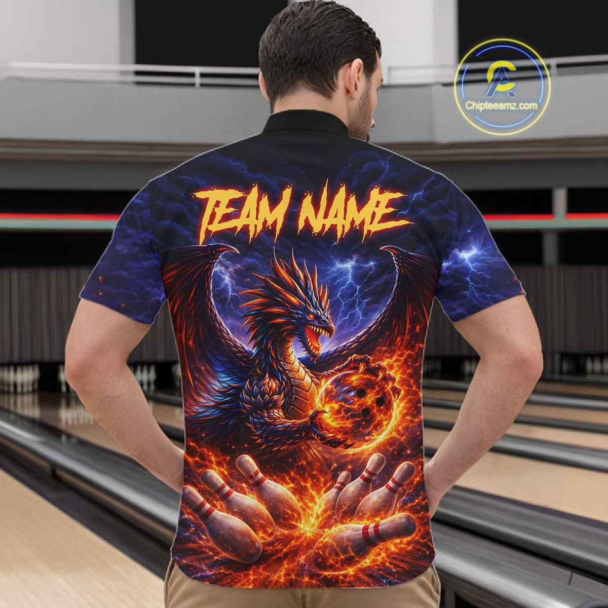 Orange and Purple Lightning Thunder Dragon Bowling Shirts for Men Custom Dragon Team Bowling Jersey NQS11680