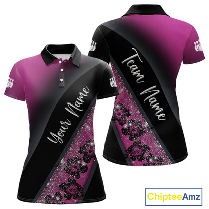 Black and Pink Glitter Flower Bowling Polo, Quarter Zip Shirt for Women Custom Bowling Team Jerseys NQS11685