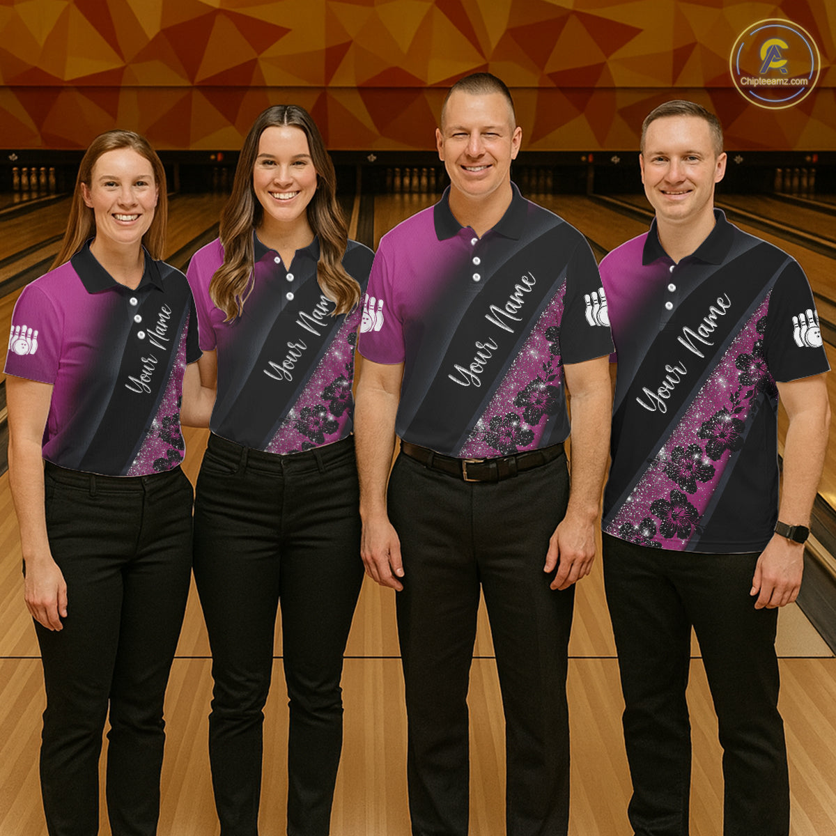 Black and Pink Glitter Flower Bowling Polo, Quarter Zip Shirt for Women Custom Bowling Team Jerseys NQS11685