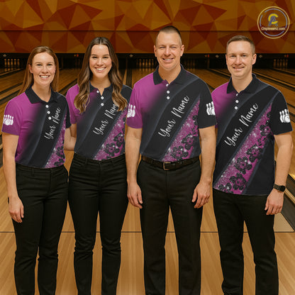 Black and Pink Glitter Flower Bowling Polo, Quarter Zip Shirt for Women Custom Bowling Team Jerseys NQS11685