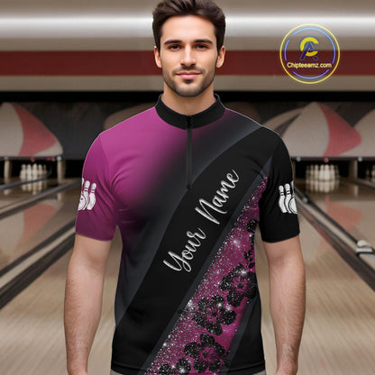 Black and Pink Glitter Flower Bowling Polo, Quarter Zip Shirt for Men Custom Bowling Team Jerseys NQS11685