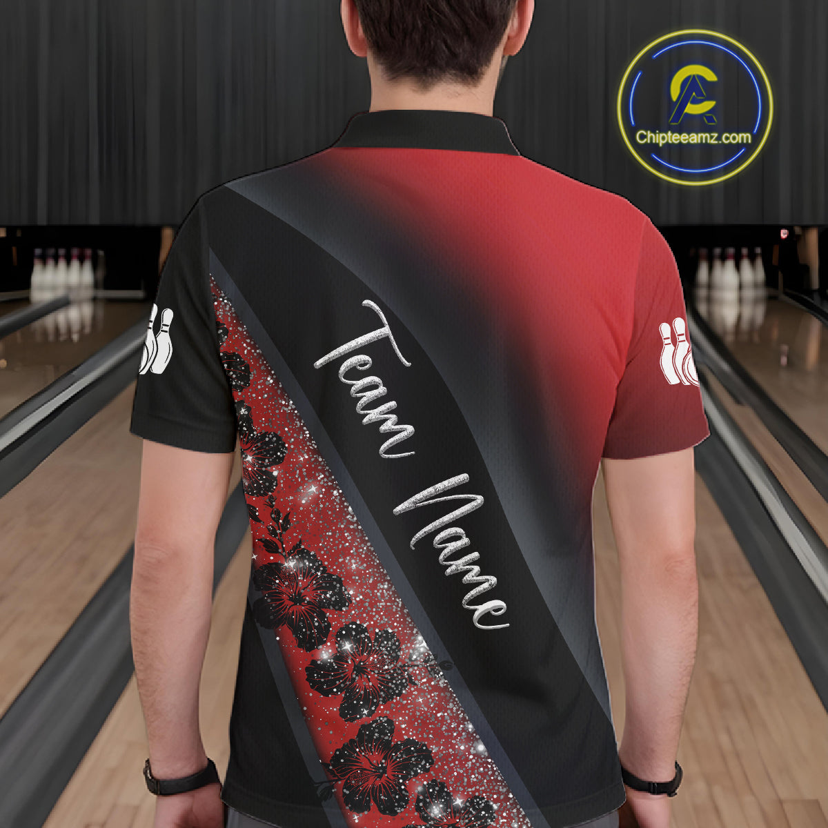 Black and Red Glitter Flower Bowling Polo, Quarter Zip Shirt for Men Custom Bowling Team Jerseys NQS11686