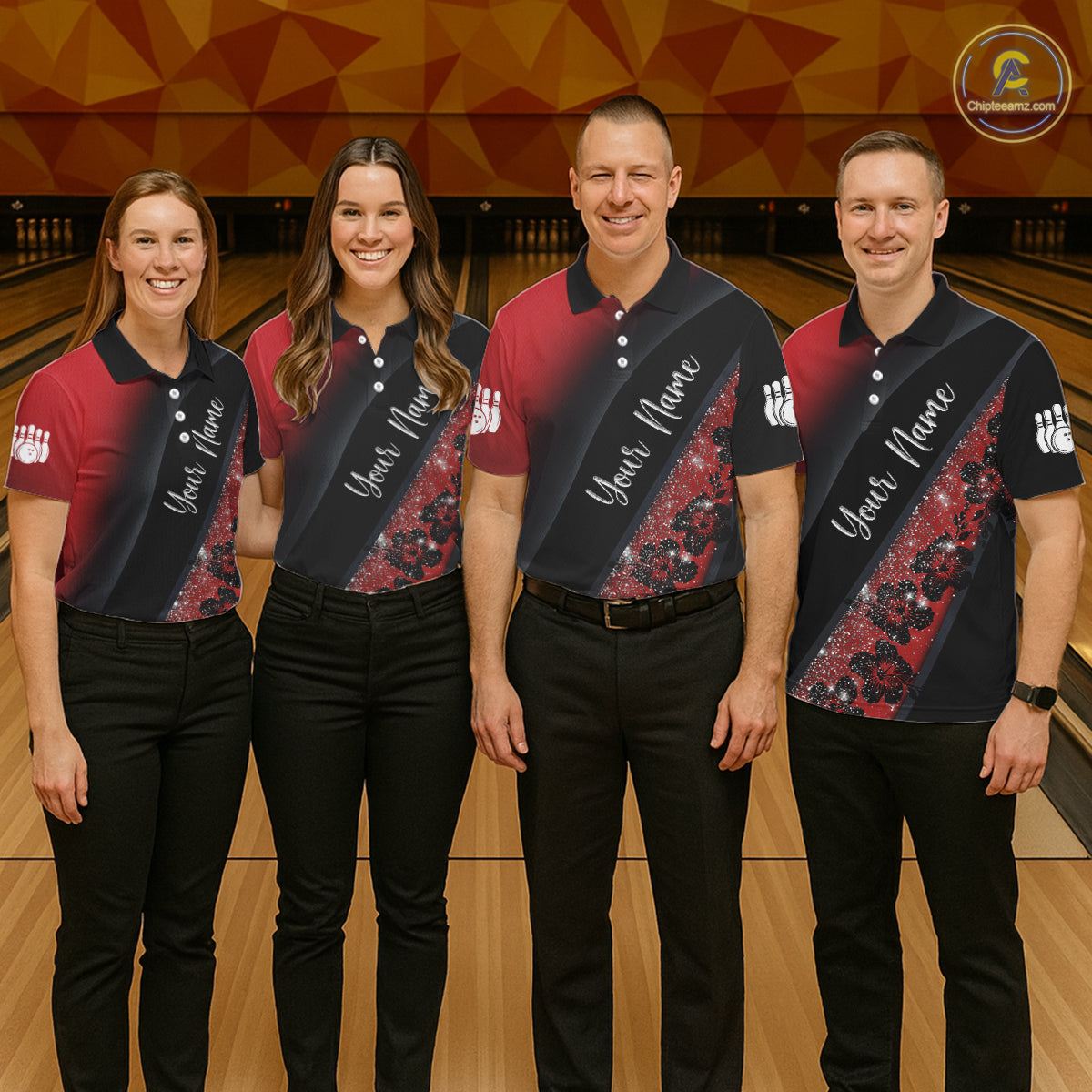 Black and Red Glitter Flower Bowling Polo, Quarter Zip Shirt for Men Custom Bowling Team Jerseys NQS11686