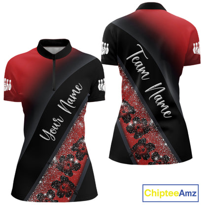 Black and Red Glitter Flower Bowling Polo, Quarter Zip Shirt for Women Custom Bowling Team Jerseys NQS11686