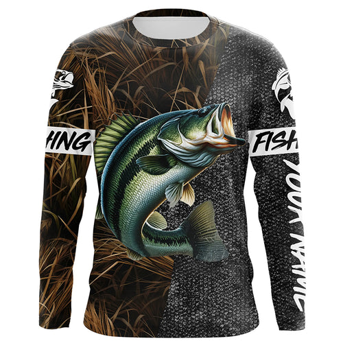 Largemouth Bass Fishing Camo Custom long sleeve Fishing Shirts, Personalized bass fishing jerseys NQS5078