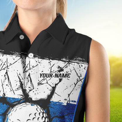 Black, White & Blue Retro broken Golf ball Women Sleeveless Polo shirt Custom Team golf outfit ladies NQS9788