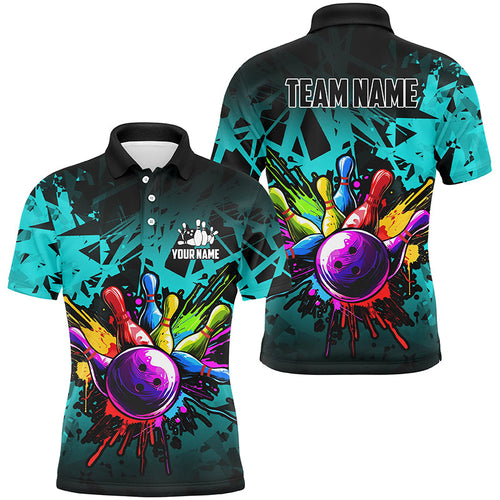 Colorful bowling jerseys Polo, 1/4 Zip Shirt for Men Custom Bowling Team shirts for bowler | Cyan Blue NQS7707