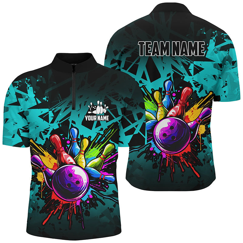 Colorful bowling jerseys Polo, 1/4 Zip Shirt for Men Custom Bowling Team shirts for bowler | Cyan Blue NQS7707