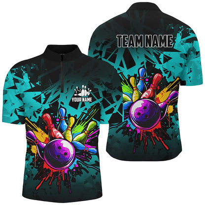 Colorful bowling jerseys Polo, 1/4 Zip Shirt for Men Custom Bowling Team shirts for bowler | Cyan Blue NQS7707