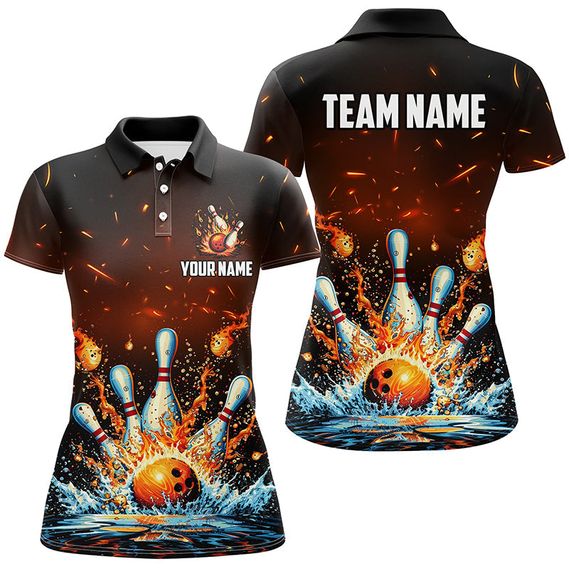 Fire and Water bowling ball pins jersey Polo, 1/4 Zip Shirt for Women Custom Flame Bowling Team shirts NQS7709