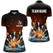 Load image into Gallery viewer, Fire and Water bowling ball pins jersey Polo, 1/4 Zip Shirt for Women Custom Flame Bowling Team shirts NQS7709
