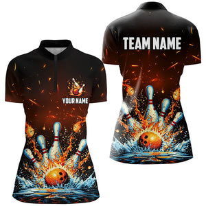 Fire and Water bowling ball pins jersey Polo, 1/4 Zip Shirt for Women Custom Flame Bowling Team shirts NQS7709