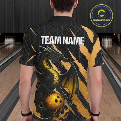 Black and Gold Dragon Bowling Polo, Quarter Zip Shirts for Men Custom Bowling Outfit Team jersey NQS10037