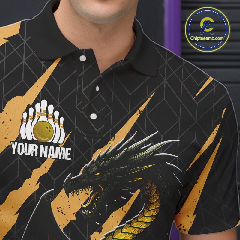 Black and Gold Dragon Bowling Polo, Quarter Zip Shirts for Men Custom Bowling Outfit Team jersey NQS10037