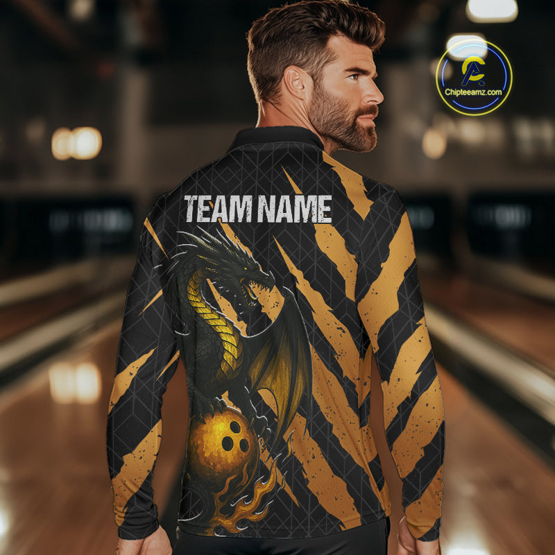 Black and Gold Dragon Bowling Polo, Quarter Zip Shirts for Men Custom Bowling Outfit Team jersey NQS10037