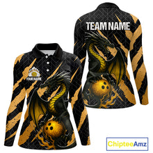 Load image into Gallery viewer, Black and Gold Dragon Bowling Polo, Quarter Zip Shirts for Women Custom Bowling Outfit Team jersey NQS10037
