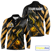 Load image into Gallery viewer, Black and Gold Dragon Bowling Polo, Quarter Zip Shirts for Men Custom Bowling Outfit Team jersey NQS10037