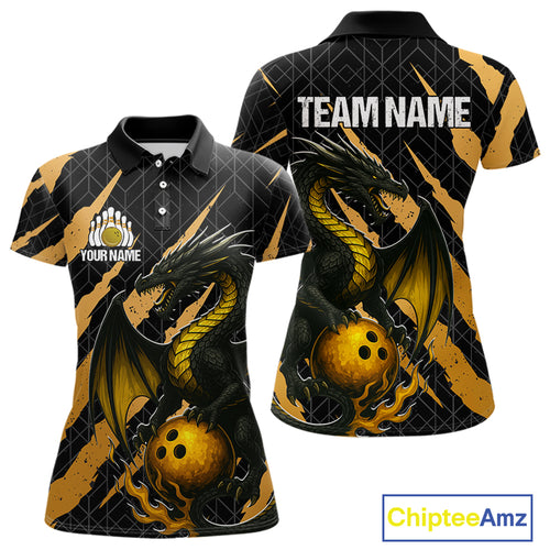 Black and Gold Dragon Bowling Polo, Quarter Zip Shirts for Women Custom Bowling Outfit Team jersey NQS10037